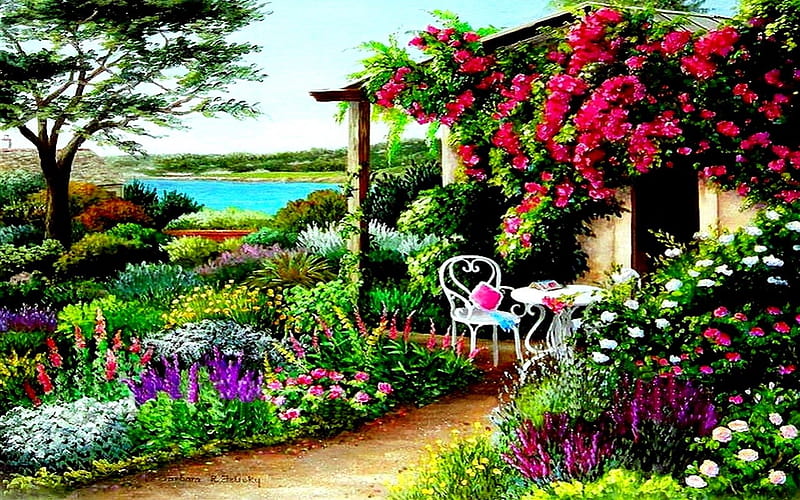 SPRING GARDEN, table, Garden furniture, Garden, flowers, chair, spring, HD wallpaper