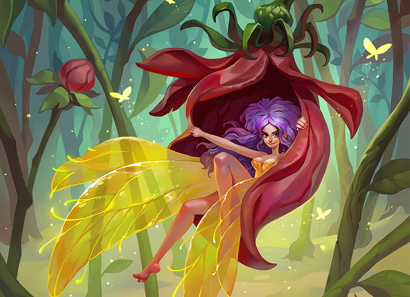 Peppery fairy, red, fantasy, luminos, girl, yellow, flower, yulia gasnikova, fairy, HD wallpaper