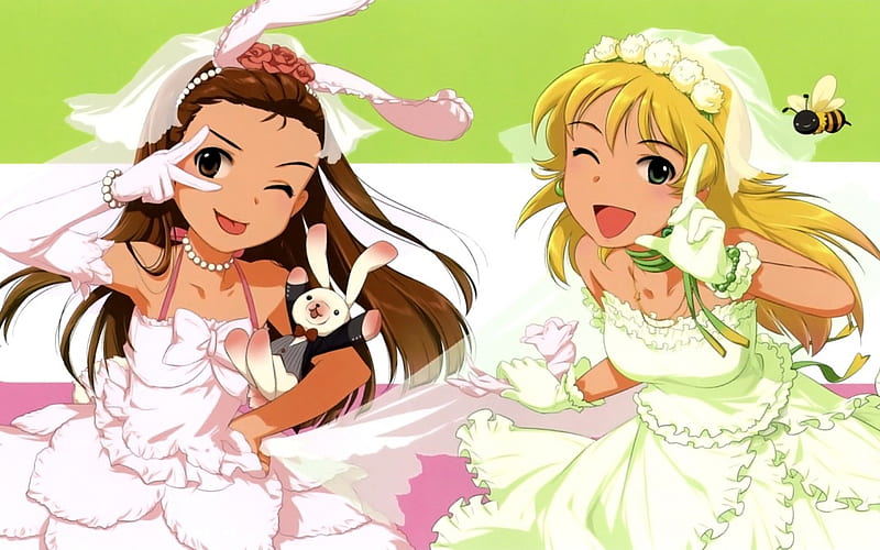 Hoshii Miki & Minase Iori, Minase Iori, pretty, Hoshii Miki, wedding dresses, idolmaster, winks, anime, brides, long hair, friends, HD wallpaper