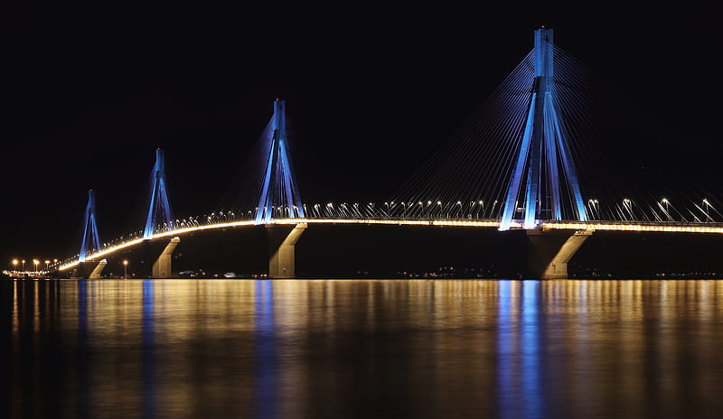 Rion Antirion Bridge, antirio, bridges, city, greece, lights, long exposure, night, rio, saturday, HD wallpaper