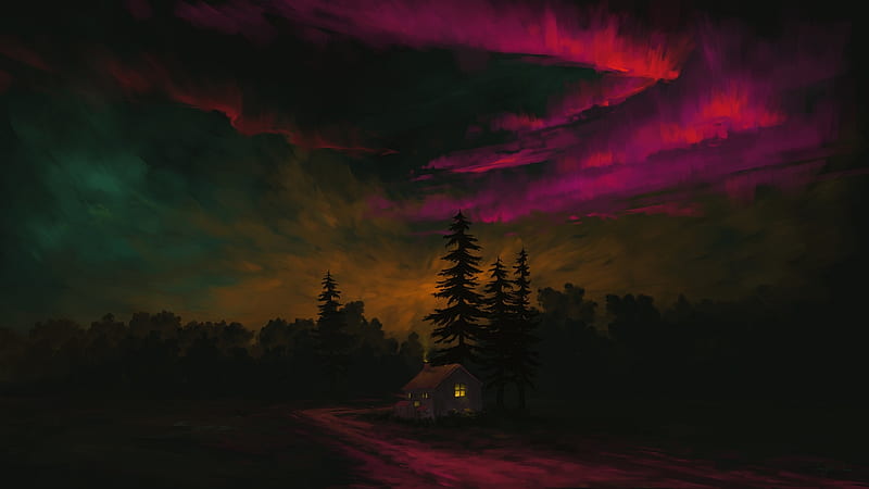 Magenta Aurora Landscape, HD wallpaper