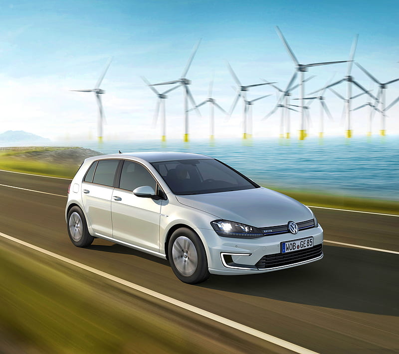 VW E-Golf, auto, car, golf, path, road, windmill, HD wallpaper