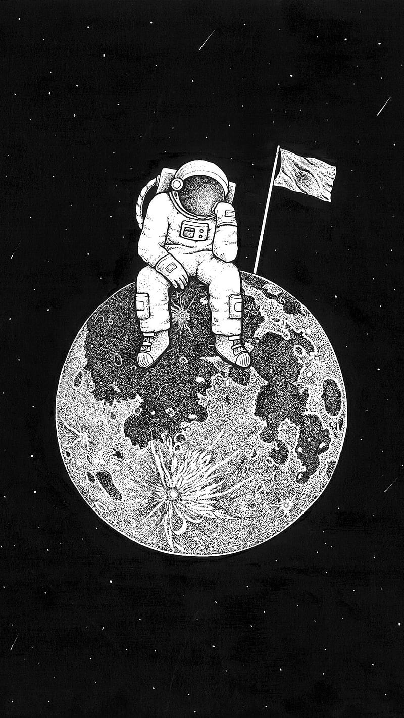 Astronaut Sad on Moon , bnw, drawing, planet, art, space, black and white, HD phone wallpaper