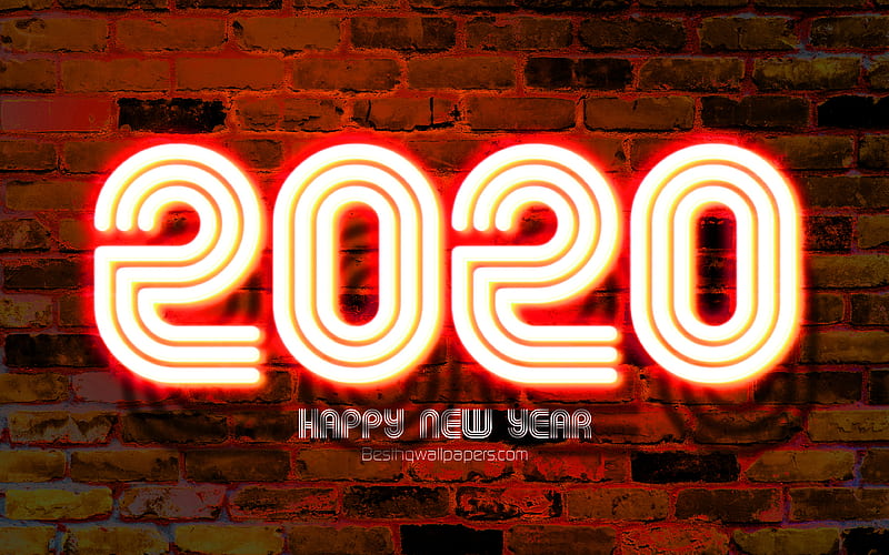 2020 orange neon digits Happy New Year 2020, orange brickwall, 2020 neon art, 2020 concepts, orange neon digits, 2020 on orange background, 2020 year digits, HD wallpaper
