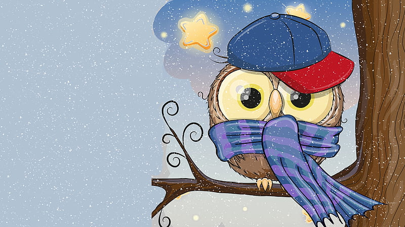 Cold Snowy Owl, cute, owl, bird, snow, cartoon, Firefox Persona theme, winter, cold, HD wallpaper
