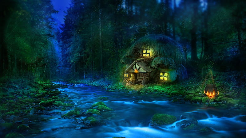 Cute Pixie House, forest, house, lovely, pot, creek, lights, pixie, cute, fire, cauldron, river, fairy, night, HD wallpaper