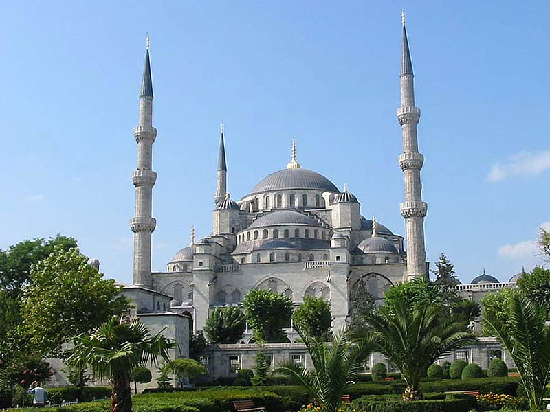Mosque in Turkey, domes, worship, religion, palms, islam, large, pray, grounds, blue, HD wallpaper