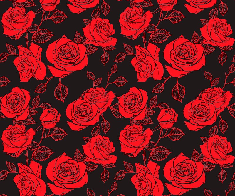 Pattern, flower, rose, black, red, texture, HD wallpaper