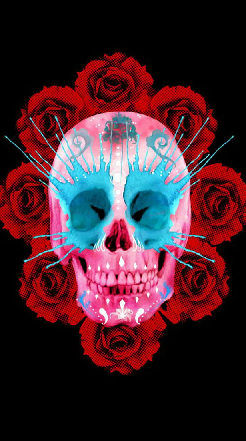 Skull and Roses, art, blue, cool, dead, death, flowers, red, rose, white, HD phone wallpaper