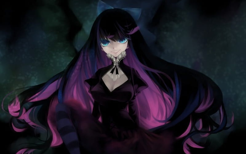 Panty & Stocking, Angry, Panty and Stocking, bonito, Crazy, Smile, Mad, Awesome, Mean, Sitting, Black, Sexy, Black Hair, Blue Eyes, Amazing, Purple Hair, Gothic, Pretty, Anarchy, Black Dress, Anime, Manga, dark, Gorgeous, Bow, Ribbon, Long Hair, Dress, Sinister, Emotional, Lovely, Stocking, Serious, Creepy, Scary, Anime Girl, Sit, HD wallpaper