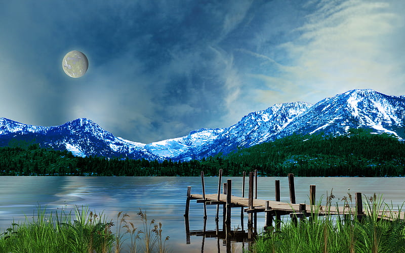 Silvery Moon, fantasy, moon, water, mountains, blue, HD wallpaper