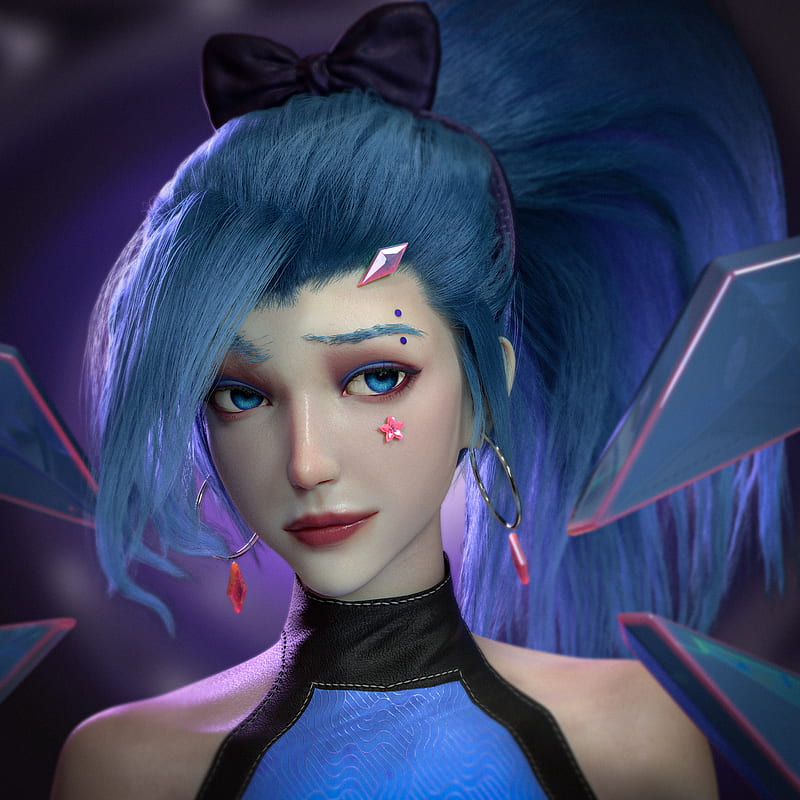 Qingze Zhao, ponytail, blue hair, blue eyes, looking away, women, hair ribbon, digital art, CGI, face, artwork, juicy lips, video game girls, League of Legends, 3D, hair , looking at the side, Seraphine (League of Legends), fan art, closed mouth, Seraphine, ArtStation, smug face, HD phone wallpaper