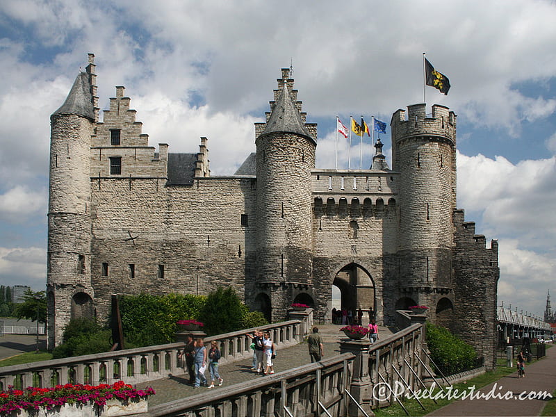 Castle, architecture, medieval, brick, clouds, sky, flag, HD wallpaper