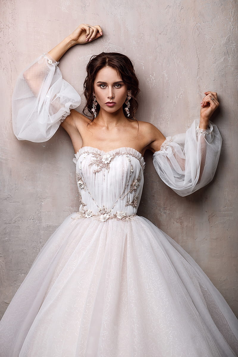 dress, white dress, women, model, bare shoulders, wedding dress, portrait display, HD phone wallpaper