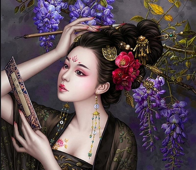 Oriental beauty, red, wisteria, fantasy, girl, purple, hand, flower, asian, face, HD wallpaper
