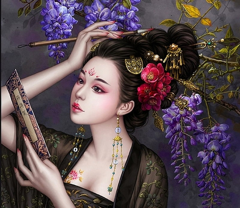 Oriental Beauty Red Wisteria Fantasy Girl Purple Hand Flower Asian Face Hd Wallpaper