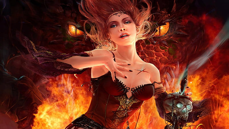Enfer, femme, demon, feu, flamme, HD wallpaper