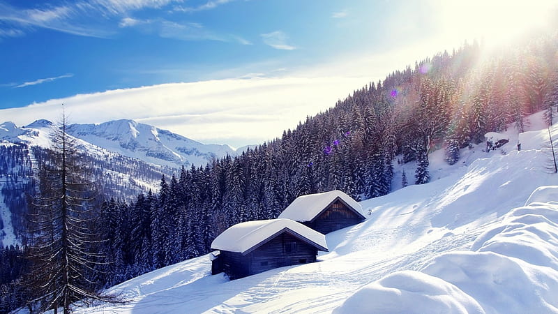 Ski touring in Austrian Alps, Mountains, Trees, Snow, Hut, HD wallpaper
