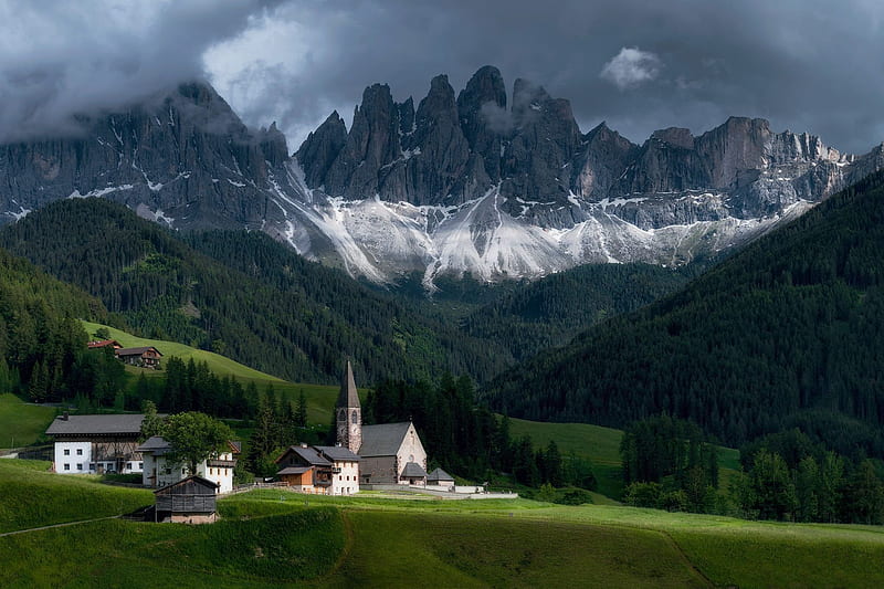Santa Maddalena and Odle Mountain Group Dolomites, Italy, village, church, alps, houses, clouds, HD wallpaper