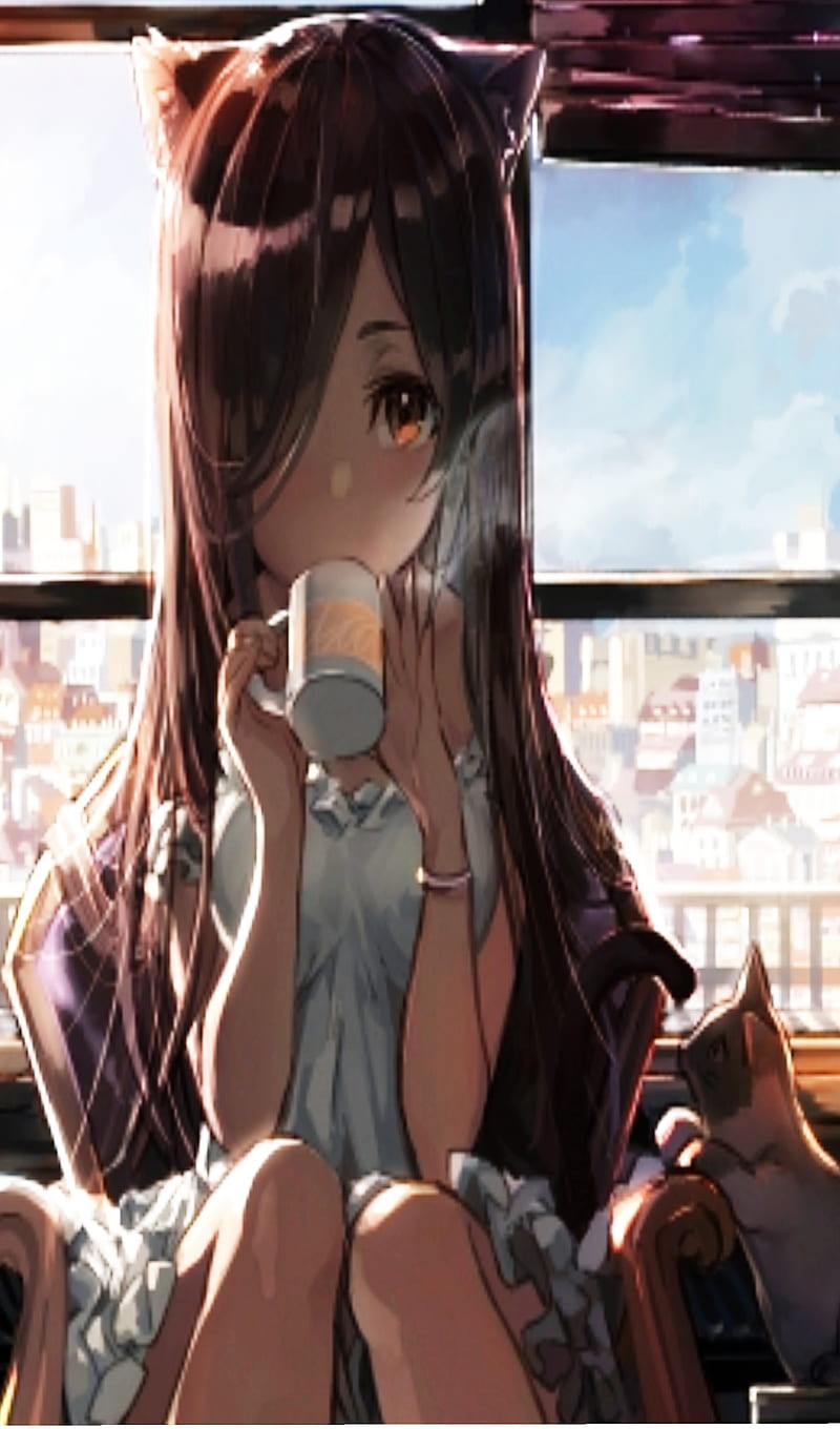 Morning anime, cat, coffee, cute, girl, neko, HD phone wallpaper