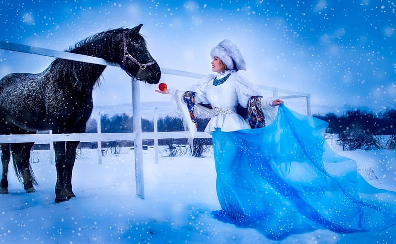 Friends, apple, red, friend, model, black, horse, woman, animal, winter, fruit, girl, snow, russian, white, blue, HD wallpaper