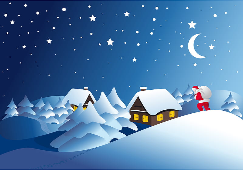 Merry Christmas!, red, stars, house, moon, craciun, sky, winter, santa, fantasy, moon, white, chrismtas, blue, night, HD wallpaper