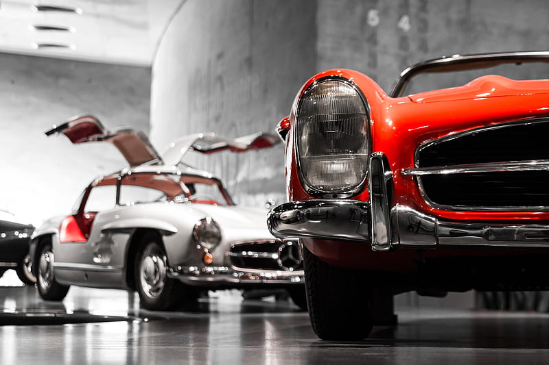 two vintage cars beside gray concrete wall, HD wallpaper