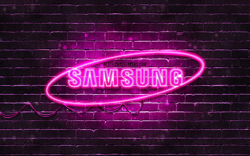 Samsung purple logo purple brickwall, Samsung logo, brands, Samsung neon logo, Samsung, HD wallpaper