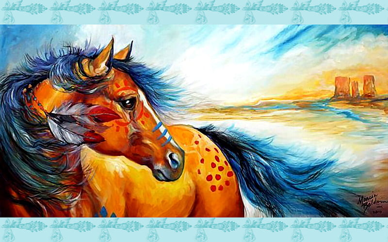 Great Plains Warrior - Horse F2, art, equine, native american, horse, artwork, marcia baldwin, painting, wide screen, baldwin, HD wallpaper