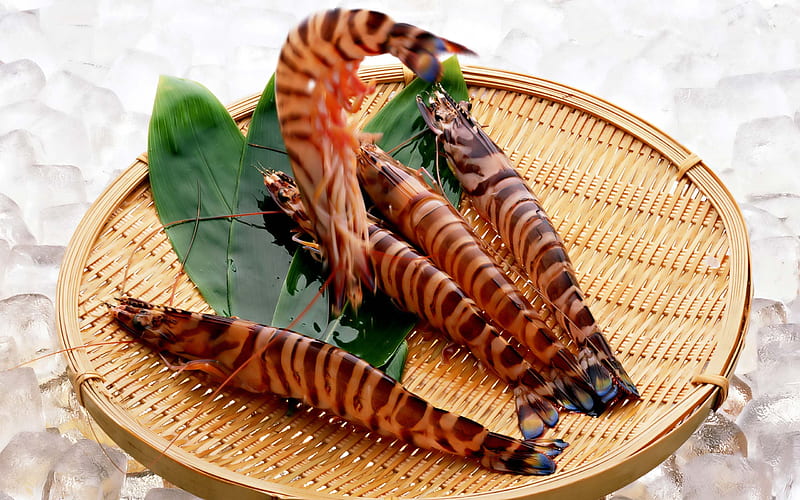 tiger prawns, tiger, platter, prawn, leaf, HD wallpaper