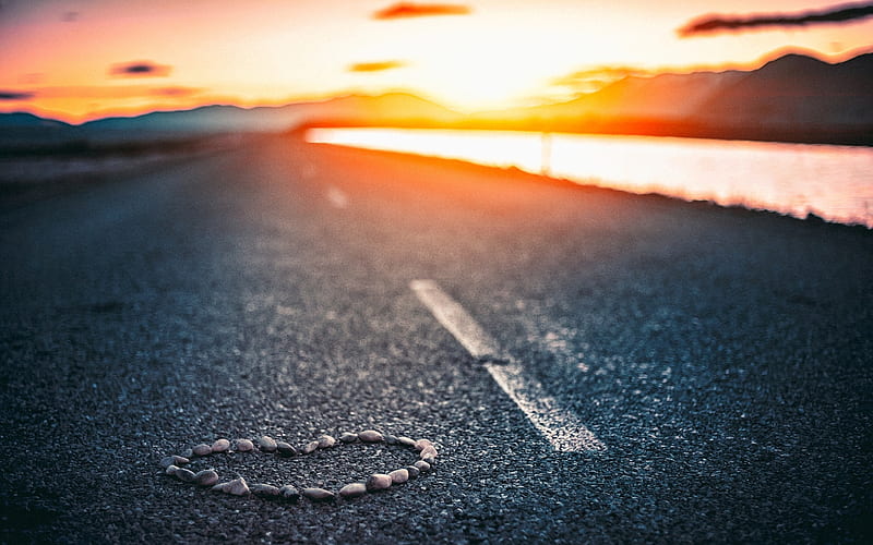love concepts, heart of stones, sunset, asphalt road, Valentines Day, HD wallpaper