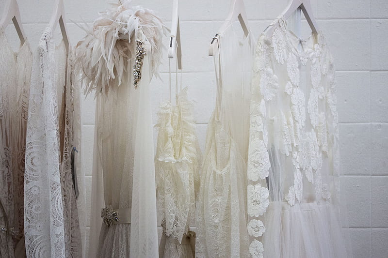 six women's white dresses hanging on hangers, HD wallpaper