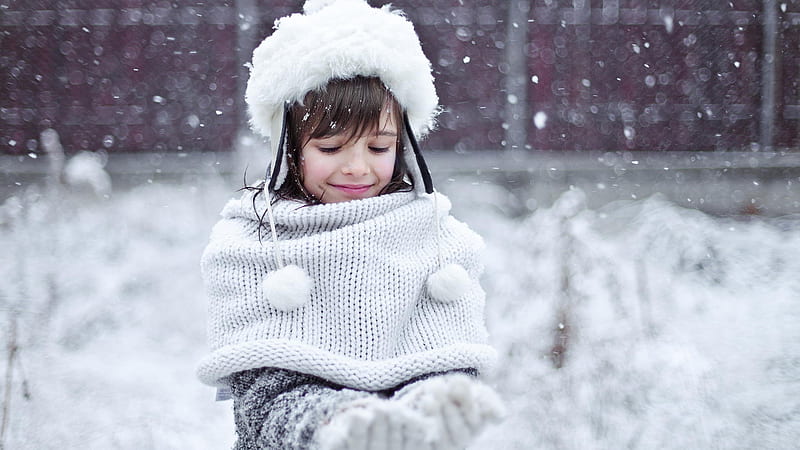 Cute Little Girl Is Playing With Falling Snow Wearing White Woolen Knitted Fur Hat And Dress Cute, HD wallpaper