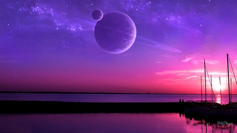 Beautiful Lavender Evening, sun, sunset, lavender, sky, clouds, moon, water, dock, purple, planet, pink, HD wallpaper