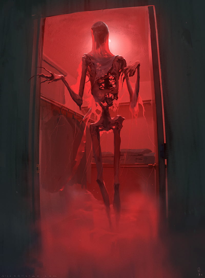 Alex Konstx, nightmare, drawing, bathroom, skeleton, red, HD phone wallpaper