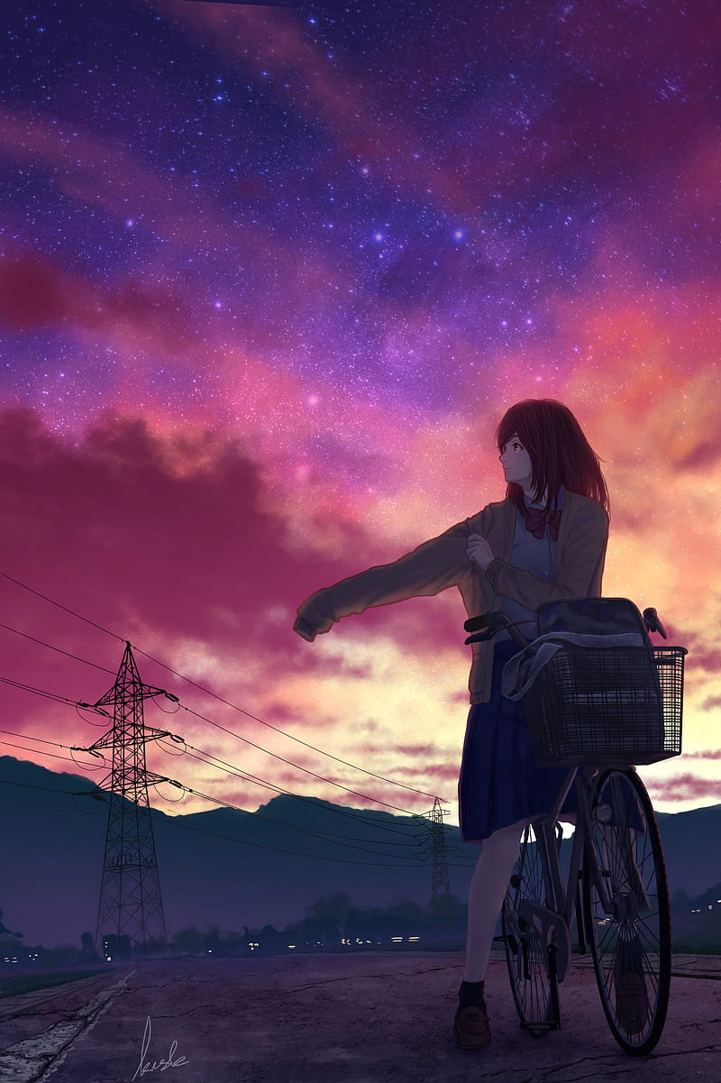 anime girl, sunset, bicycle, school uniform, utility pole, stars, Anime, HD phone wallpaper