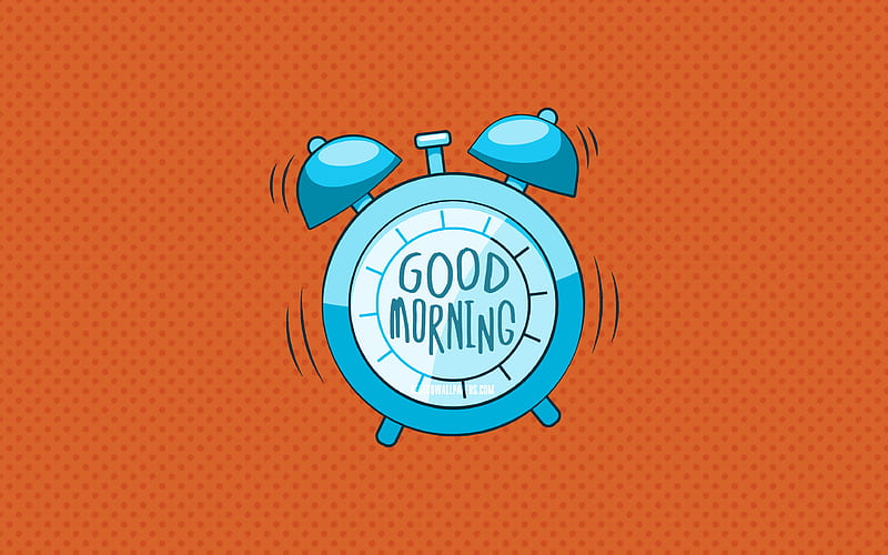 Good Morning, blue alarm clock orange dotted backgrounds, good morning wish, creative, good morning concepts, minimalism, good morning with clock, HD wallpaper