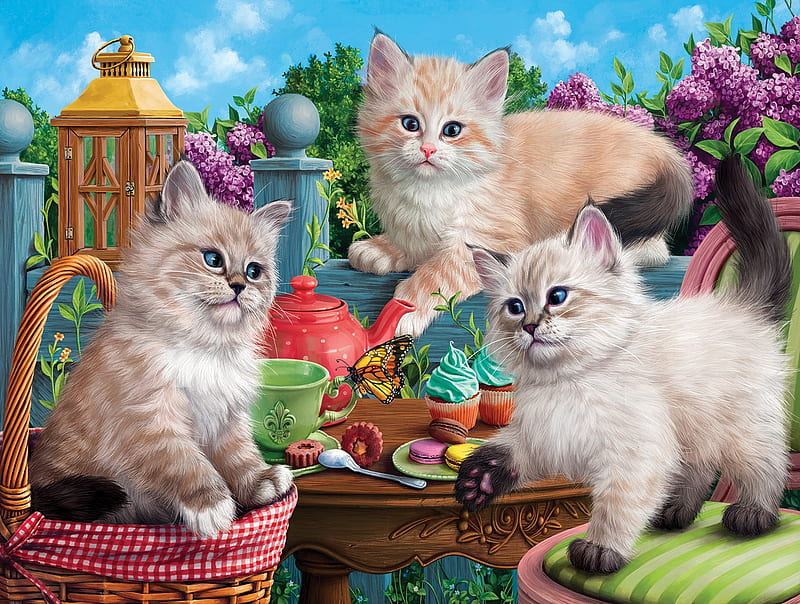 Kitten Tea Party, lilacs, butterfly, cats, basket, painting, cakes, HD wallpaper