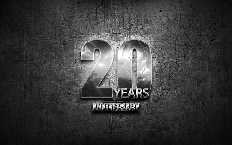 20 Years Anniversary, silver signs, creative, anniversary concepts, 20th anniversary, gray metal background, Silver 20th anniversary sign, HD wallpaper