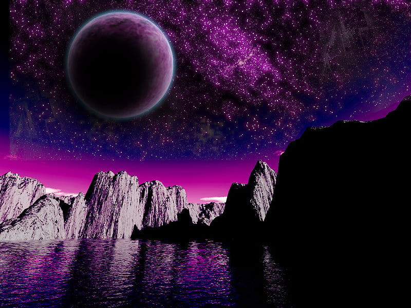 PURPLE SPACE, stars, water, purple, planet, space, mountains, reflection, pink, HD wallpaper