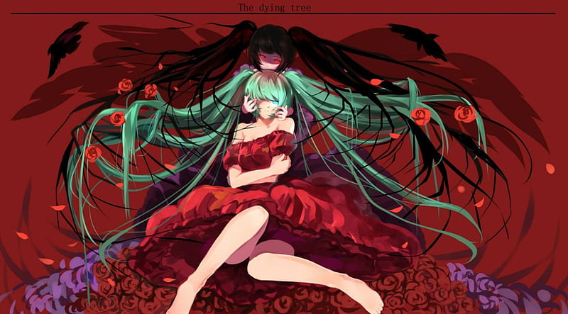 The dying tree, red, vocaloid, hatsune miku, anime, flowers, HD wallpaper