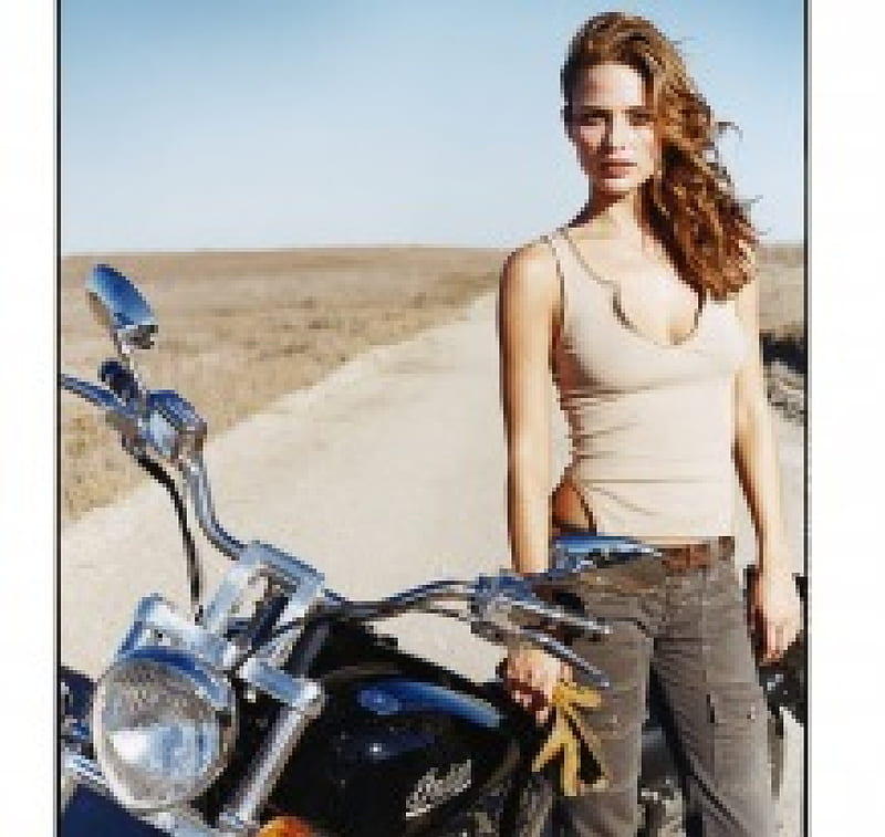 Josie Maran and her Indian Scout motorcycle, cute, girl, teen, hot, sexy, HD wallpaper