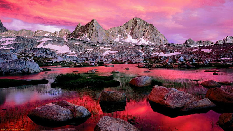 red rocky scape, red, rocks, mountains, sky, lake, HD wallpaper