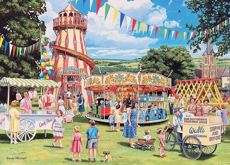 Country Funfair, carousel, icecream, people, painting, market stall, artwork, HD wallpaper