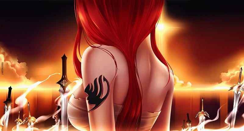 Erza Scarlet, red night, hot, anime girl, long hair, sword, light, night, female, cloud, tattoo, red hair, sky, sexy, breasts, fairy tail, cool, back, bandages, HD wallpaper
