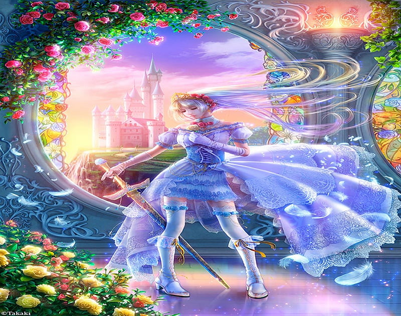 Princess to Heart, takaki, rose, thighhighs, high heels, hot, sword, feathers, closed eyes, colors, sexy, cool, white gloves, crown, flower, petals, castle, princess, HD wallpaper