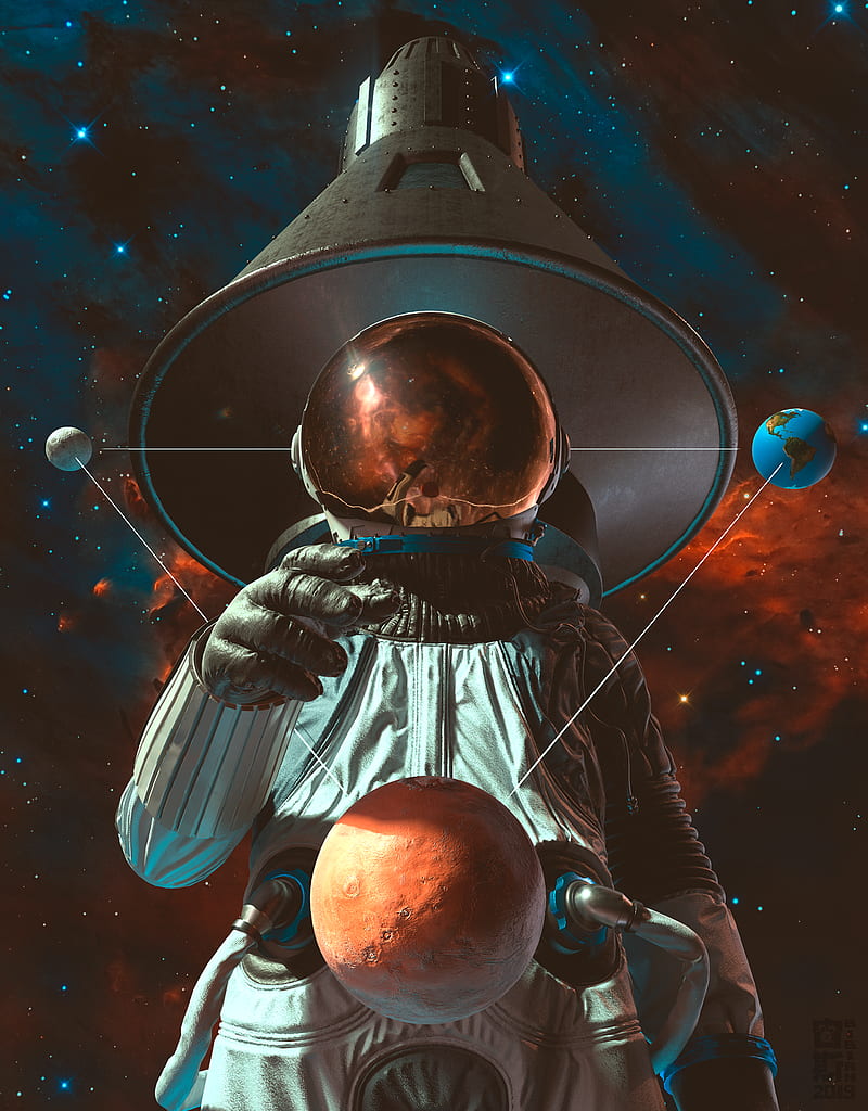 astronaut, galaxy, planet, satelites, space, space art, artwork, HD phone wallpaper