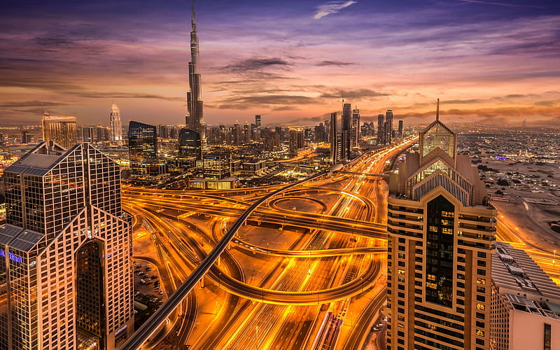Dubai, metropolis, Burj Khalifa, city lights, evening, sunset, skyscrapers, modern architecture, bridges, UAE, city panorama, HD wallpaper