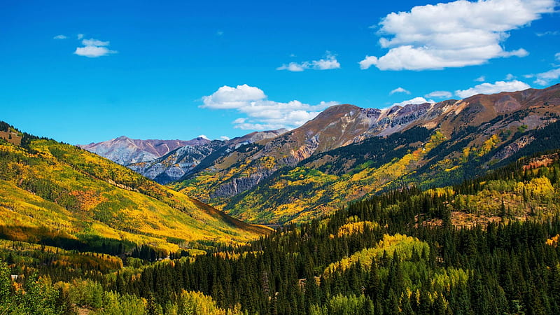 Southwest Colorado in October, valley, landscape, autumn, trees, clouds, sky, usa, HD wallpaper