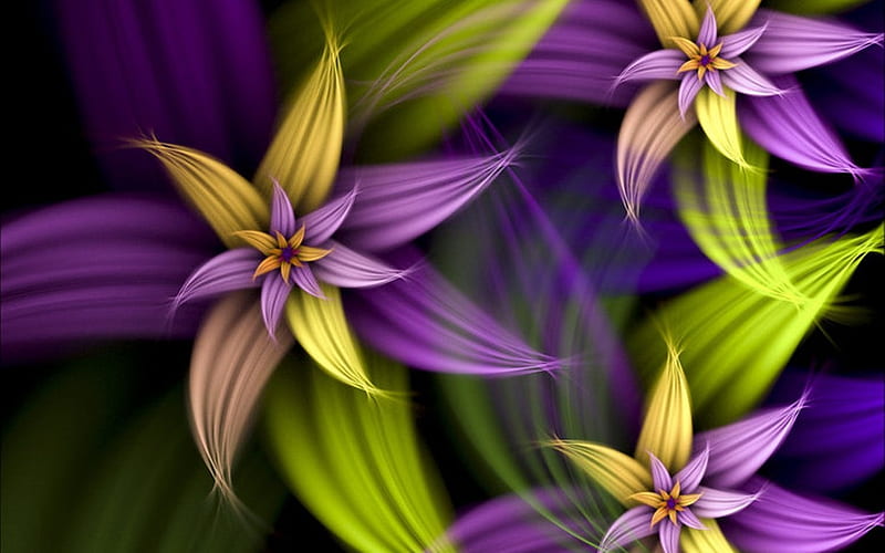 Moods of Spring, purple, green, fractal, flowers, yellow, colors, HD wallpaper